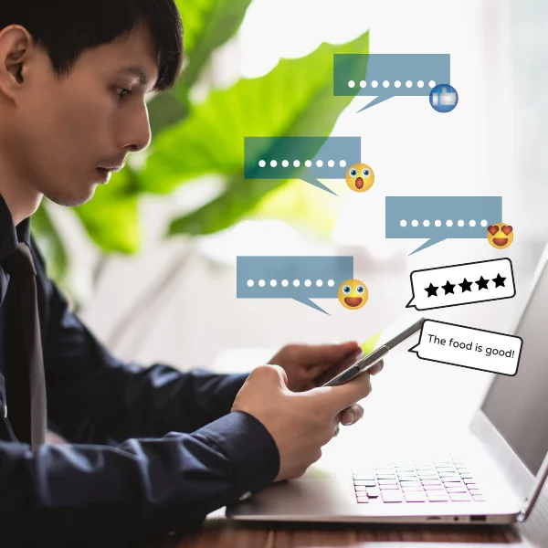 An image showing a potential restaurant patron reading online reviews.